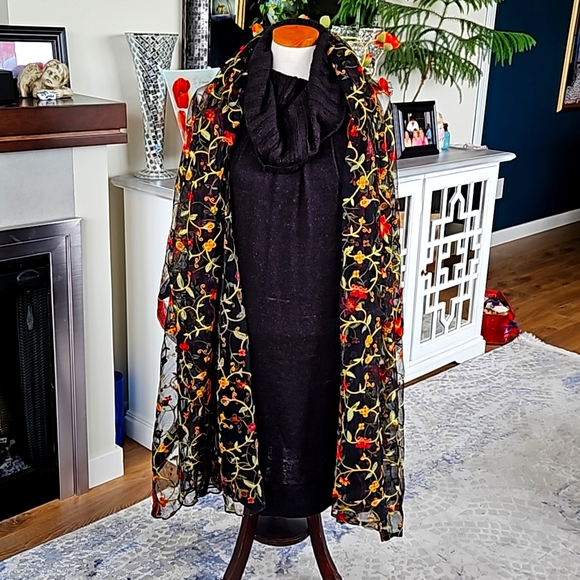 Sheer black scarf / wrap with vibrant embroidered pattern. OS. Red, yellow green - Picture 1 of 9